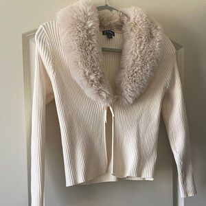 Art Class Cream Cardigan with Faux Fur Collar